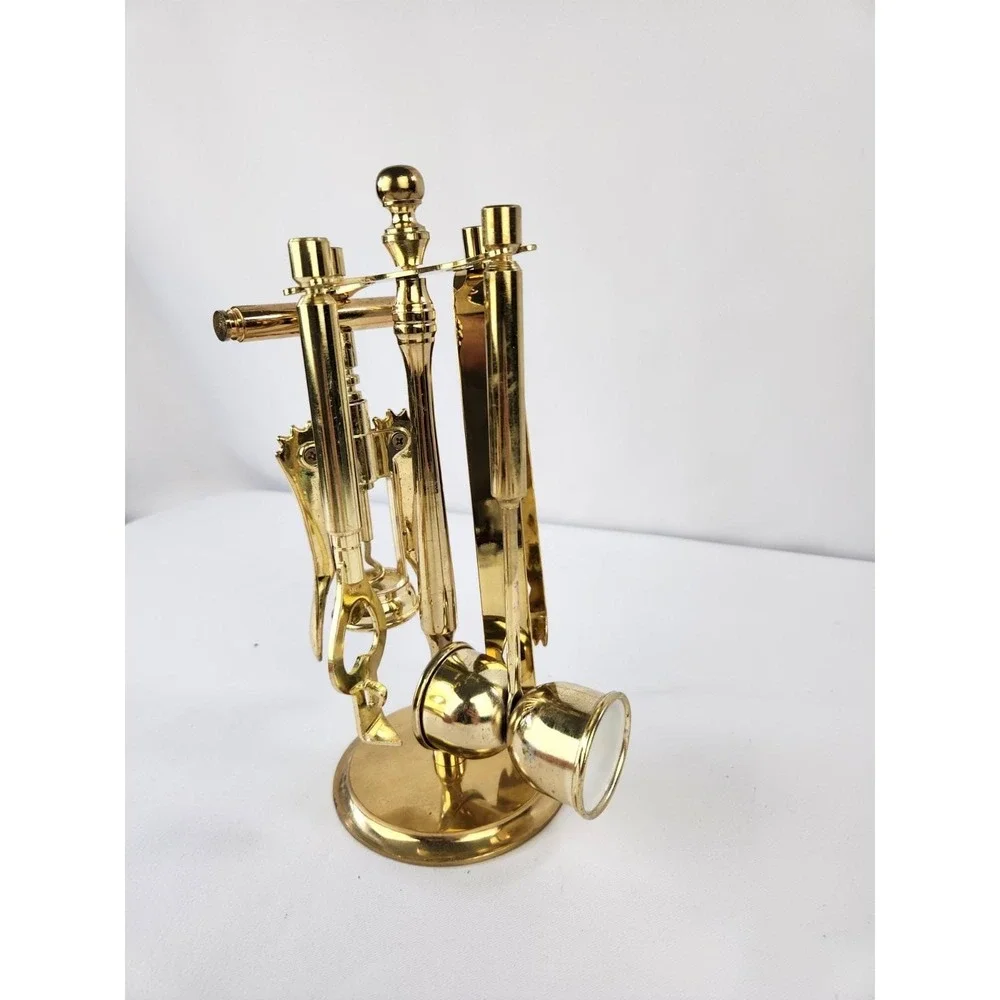 Vintage 5pc Brass Plated Bar Tool Set Stand Wine Opener Key Jigger Corkscrew MCM